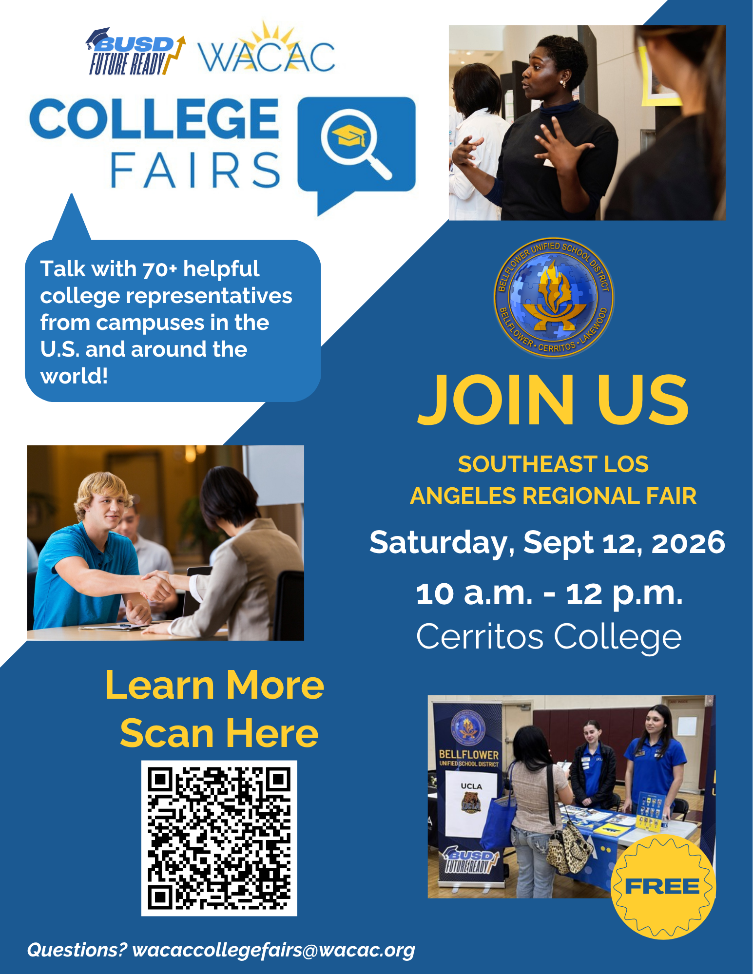 Bellflower Unified and WACAC College Fair flyer: Southeast Los Angeles Regional Fair, Saturday, September 12, 2026, 10 a.m. to 12 p.m. at Cerritos College. Free. Talk with 70+ college representatives. Questions: wacaccollegefairs@wacac.org.